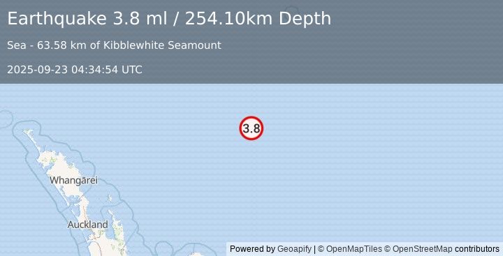 Earthquake SOUTH OF KERMADEC ISLANDS (3.8 ml) (2025-09-23 04:34:54 UTC)
