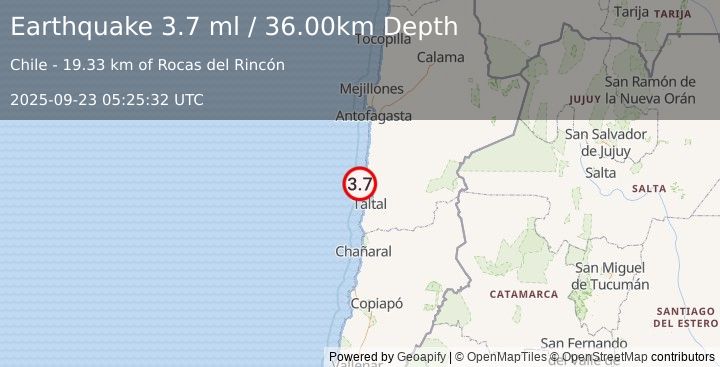 Earthquake OFFSHORE ANTOFAGASTA, CHILE (3.6 ml) (2025-09-23 05:25:30 UTC)