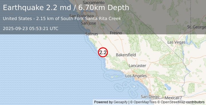 Earthquake CENTRAL CALIFORNIA (2.2 md) (2025-09-23 05:53:21 UTC)