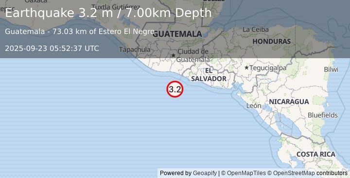 Earthquake OFFSHORE EL SALVADOR (3.2 m) (2025-09-23 05:52:37 UTC)