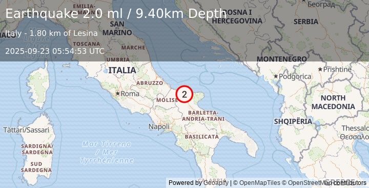 Earthquake SOUTHERN ITALY (2.0 ml) (2025-09-23 05:54:53 UTC)