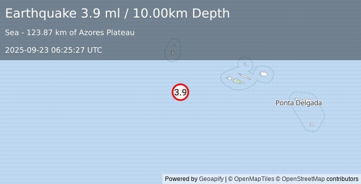 Earthquake AZORES ISLANDS, PORTUGAL (5.3 mw) (2025-09-23 06:25:27 UTC)