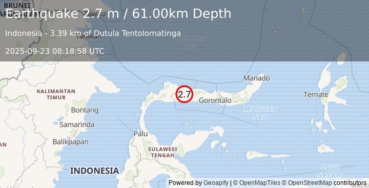 Earthquake MINAHASA, SULAWESI, INDONESIA (2.7 m) (2025-09-23 08:18:58 UTC)