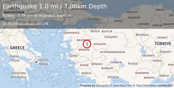 Earthquake WESTERN TURKEY (1.0 ml) (2025-09-23 08:47:44 UTC)