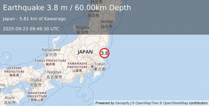 Earthquake NEAR EAST COAST OF HONSHU, JAPAN (3.8 m) (2025-09-23 09:46:30 UTC)