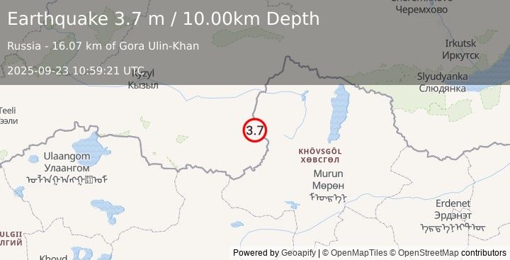 Earthquake SOUTHWESTERN SIBERIA, RUSSIA (3.7 m) (2025-09-23 10:59:21 UTC)