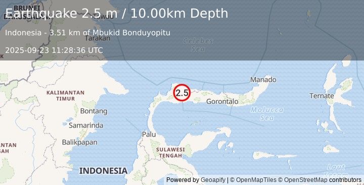 Earthquake MINAHASA, SULAWESI, INDONESIA (2.5 m) (2025-09-23 11:28:36 UTC)