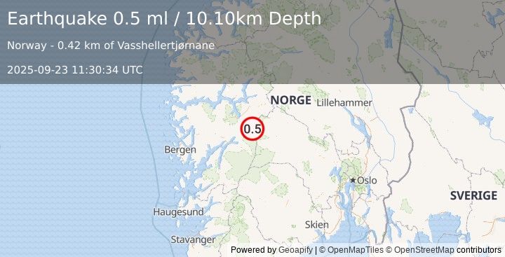 Earthquake SOUTHERN NORWAY (0.5 ml) (2025-09-23 11:30:34 UTC)