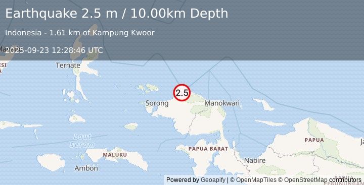 Earthquake NEAR N COAST OF PAPUA, INDONESIA (2.5 m) (2025-09-23 12:28:46 UTC)