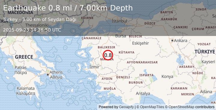 Earthquake WESTERN TURKEY (0.8 ml) (2025-09-23 14:26:50 UTC)