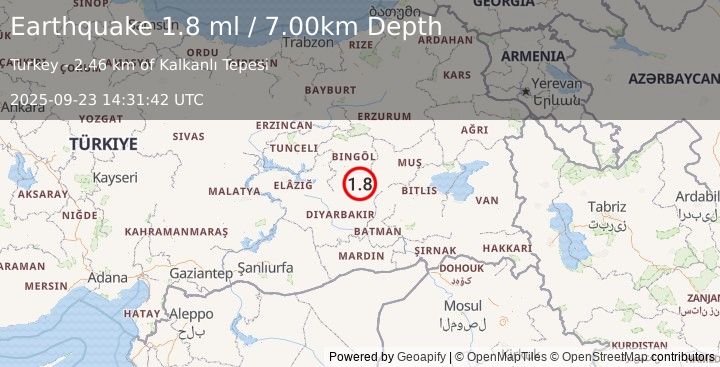 Earthquake EASTERN TURKEY (1.9 ml) (2025-09-23 14:31:41 UTC)