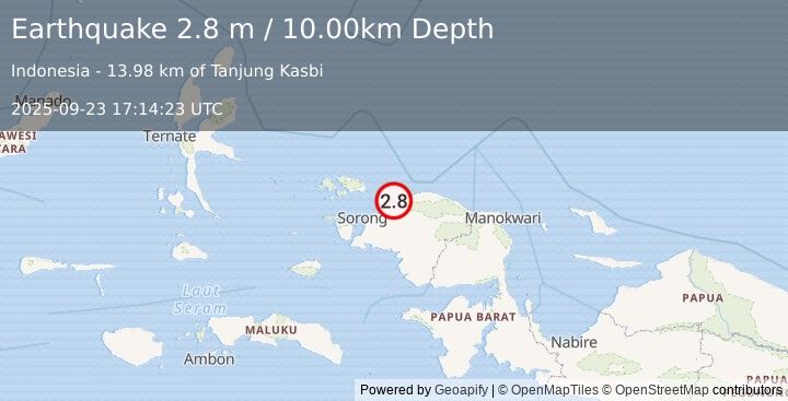 Earthquake NEAR N COAST OF PAPUA, INDONESIA (2.8 m) (2025-09-23 17:14:23 UTC)