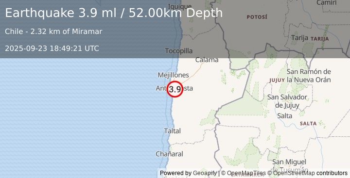 Earthquake ANTOFAGASTA, CHILE (3.9 ml) (2025-09-23 18:49:21 UTC)