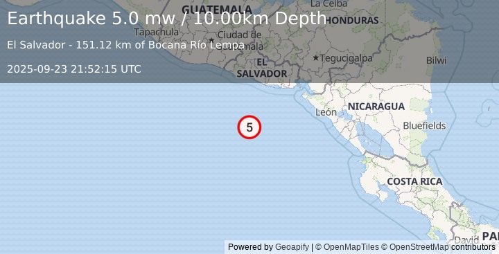Earthquake OFF COAST OF CENTRAL AMERICA (5.0 mw) (2025-09-23 21:52:15 UTC)
