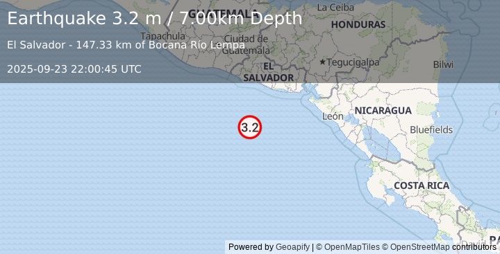Earthquake OFF THE COAST OF EL SALVADOR (3.2 m) (2025-09-23 22:00:45 UTC)