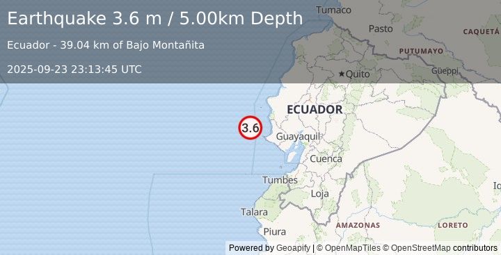 Earthquake OFF COAST OF ECUADOR (3.6 m) (2025-09-23 23:13:45 UTC)