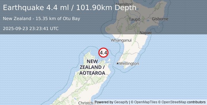 Earthquake COOK STRAIT, NEW ZEALAND (4.4 ml) (2025-09-23 23:23:41 UTC)