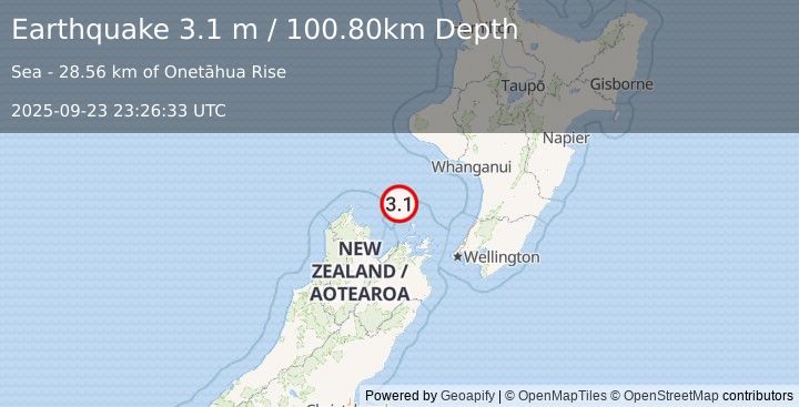 Earthquake COOK STRAIT, NEW ZEALAND (3.1 m) (2025-09-23 23:26:33 UTC)