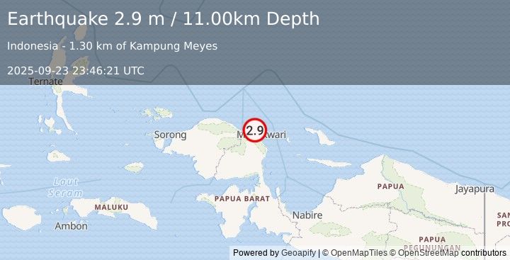 Earthquake NEAR N COAST OF PAPUA, INDONESIA (2.9 m) (2025-09-23 23:46:21 UTC)