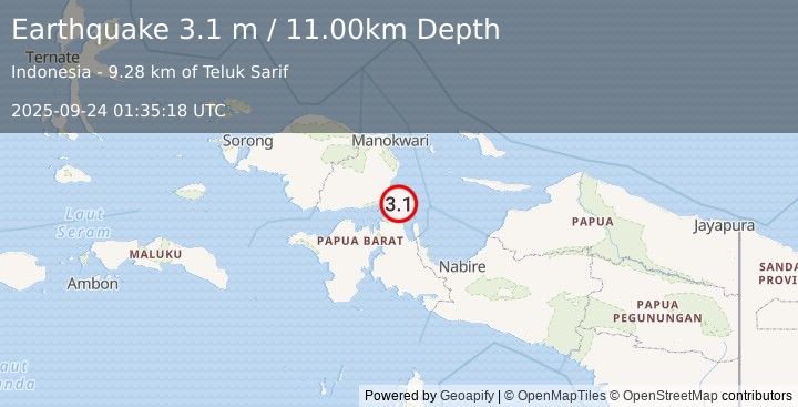 Earthquake NEAR N COAST OF PAPUA, INDONESIA (3.1 m) (2025-09-24 01:35:18 UTC)