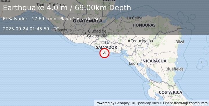 Earthquake NEAR COAST OF NICARAGUA (3.9 m) (2025-09-24 01:46:23 UTC)