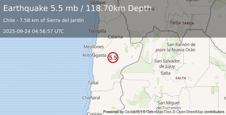 Earthquake ANTOFAGASTA, CHILE (5.2 mw) (2025-09-24 04:56:59 UTC)