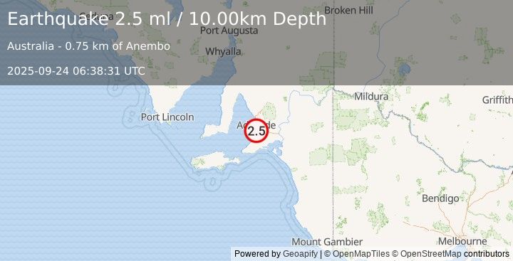 Earthquake NEAR COAST OF SOUTH AUSTRALIA (2.5 ml) (2025-09-24 06:38:31 UTC)