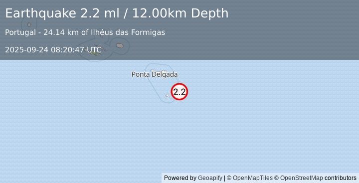 Earthquake AZORES ISLANDS REGION (2.2 ml) (2025-09-24 08:20:47 UTC)