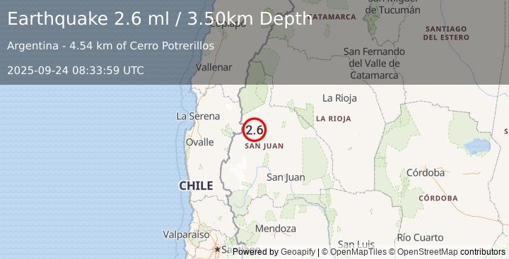Earthquake SAN JUAN, ARGENTINA (2.6 ml) (2025-09-24 08:33:59 UTC)