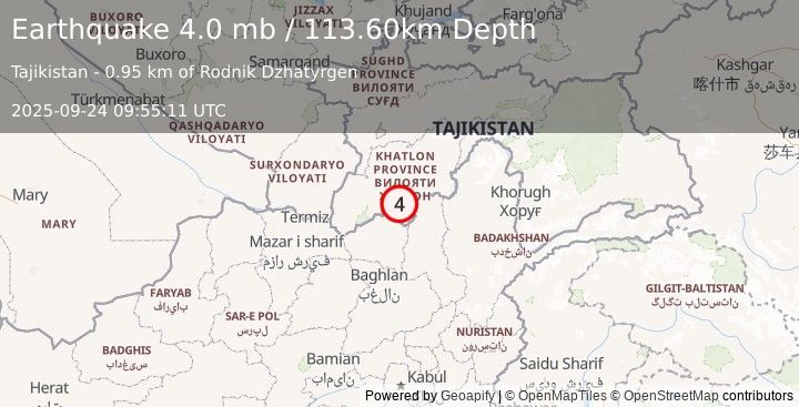 Earthquake TAJIKISTAN (4.0 mb) (2025-09-24 09:55:10 UTC)