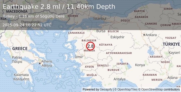 Earthquake WESTERN TURKEY (2.8 ml) (2025-09-24 10:22:52 UTC)