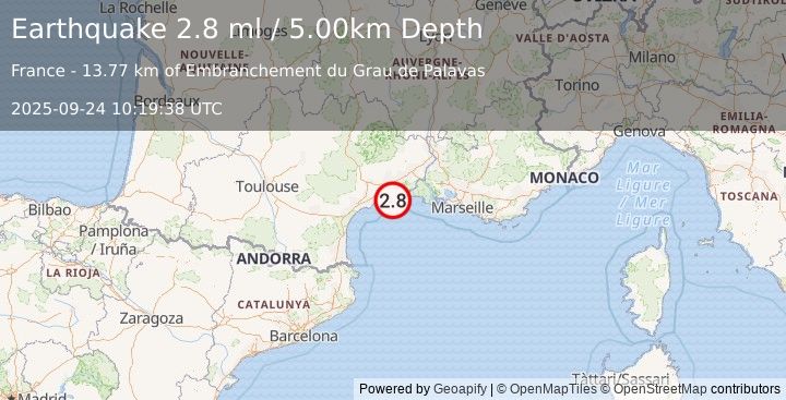 Earthquake NEAR SOUTH COAST OF FRANCE (2.8 ml) (2025-09-24 10:19:38 UTC)
