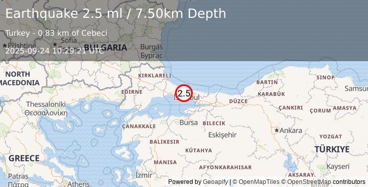 Earthquake WESTERN TURKEY (2.3 ml) (2025-09-24 10:29:20 UTC)