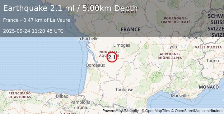 Earthquake FRANCE (2.1 ml) (2025-09-24 11:20:45 UTC)