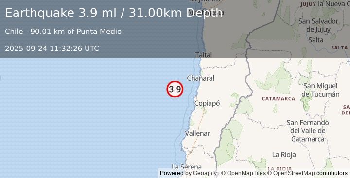 Earthquake OFFSHORE ATACAMA, CHILE (3.8 ml) (2025-09-24 11:32:29 UTC)