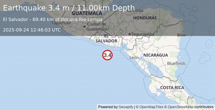 Earthquake OFF THE COAST OF EL SALVADOR (3.5 m) (2025-09-24 12:45:56 UTC)