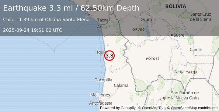 Earthquake TARAPACA, CHILE (3.3 ml) (2025-09-24 19:51:02 UTC)