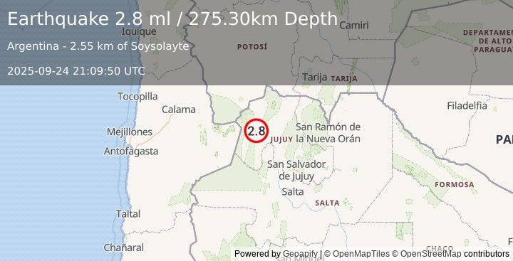 Earthquake JUJUY, ARGENTINA (2.9 ml) (2025-09-24 21:09:53 UTC)