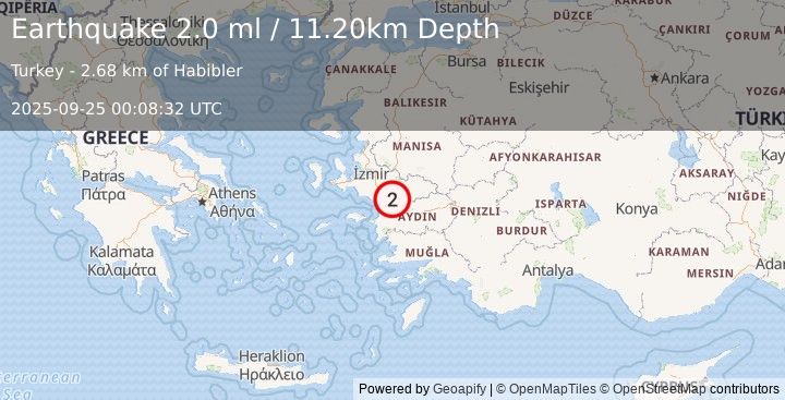 Earthquake WESTERN TURKEY (2.0 ml) (2025-09-25 00:08:32 UTC)