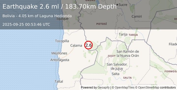 Earthquake POTOSI, BOLIVIA (2.6 ml) (2025-09-25 00:53:46 UTC)