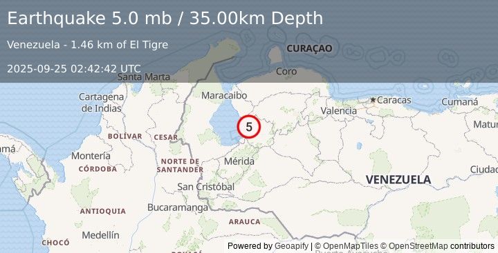 Earthquake ZULIA, VENEZUELA (4.9 mw) (2025-09-25 02:42:38 UTC)