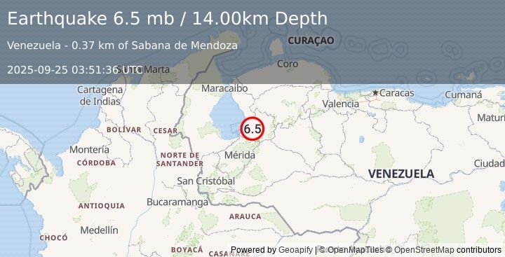 Earthquake TRUJILLO, VENEZUELA (6.3 mw) (2025-09-25 03:51:39 UTC)