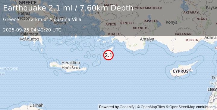 Earthquake DODECANESE ISLANDS, GREECE (2.1 ml) (2025-09-25 04:42:20 UTC)