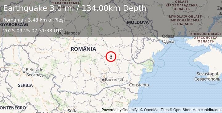 Earthquake ROMANIA (3.0 ml) (2025-09-25 07:31:38 UTC)