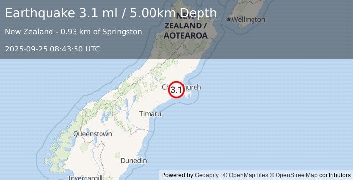 Earthquake SOUTH ISLAND OF NEW ZEALAND (3.1 ml) (2025-09-25 08:43:50 UTC)