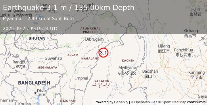 Earthquake MYANMAR-INDIA BORDER REGION (3.1 m) (2025-09-25 09:19:24 UTC)