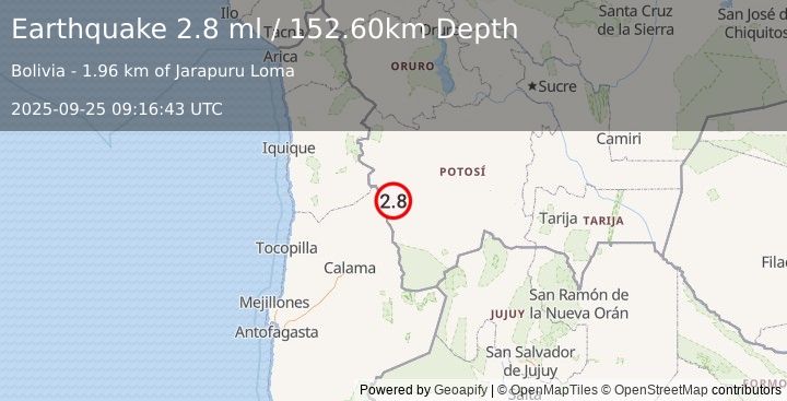 Earthquake POTOSI, BOLIVIA (2.8 ml) (2025-09-25 09:16:43 UTC)