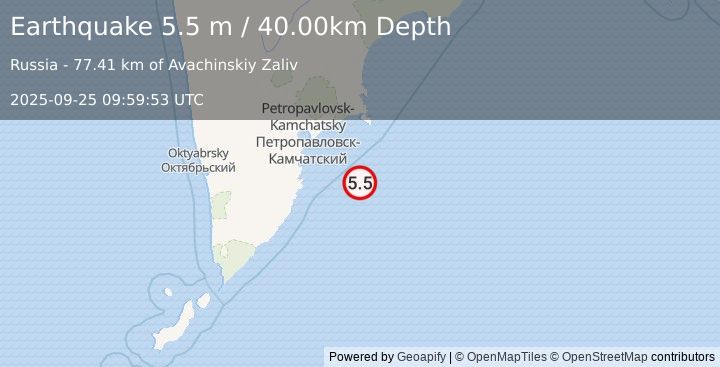 Earthquake OFF EAST COAST OF KAMCHATKA (5.2 mb) (2025-09-25 09:59:51 UTC)