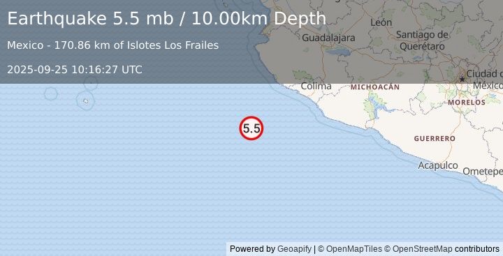 Earthquake OFF COAST OF JALISCO, MEXICO (5.8 mw) (2025-09-25 10:16:26 UTC)
