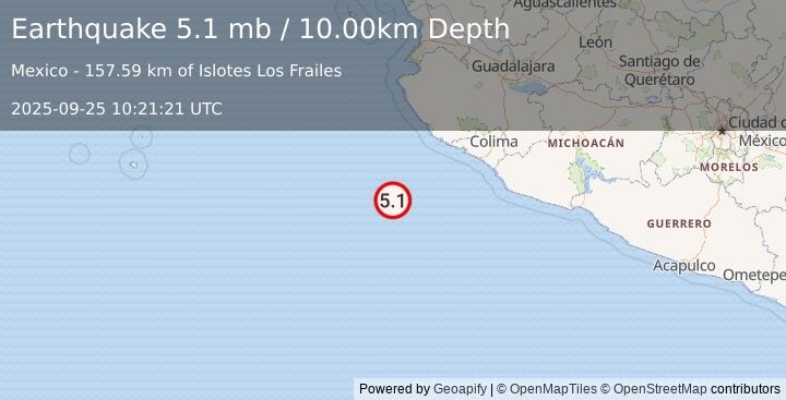 Earthquake OFF COAST OF JALISCO, MEXICO (5.1 mb) (2025-09-25 10:21:21 UTC)